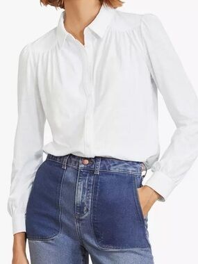 Boden Women’s Gathered Detail Jersey Button-Up Long Sleeved Shirt, White Sz 12